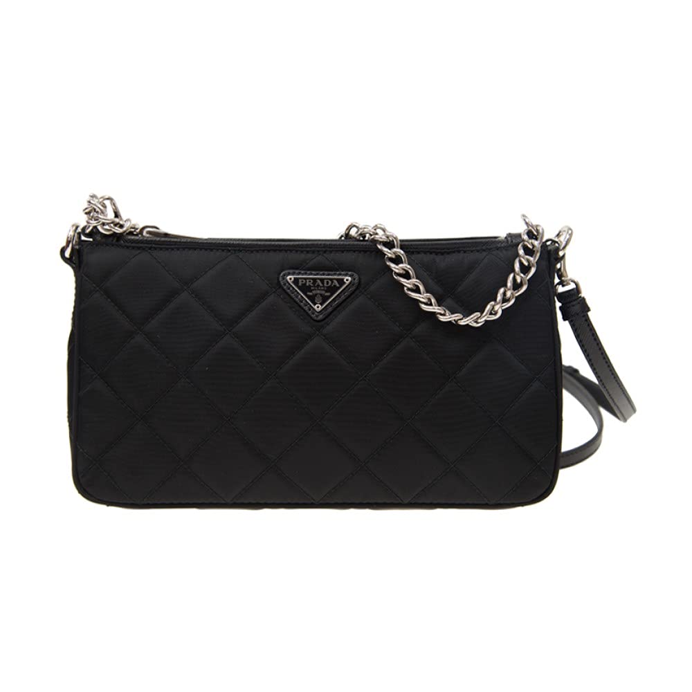 Quilted Nylon Chain Crossbody Bag with Adjustable Strap, Black