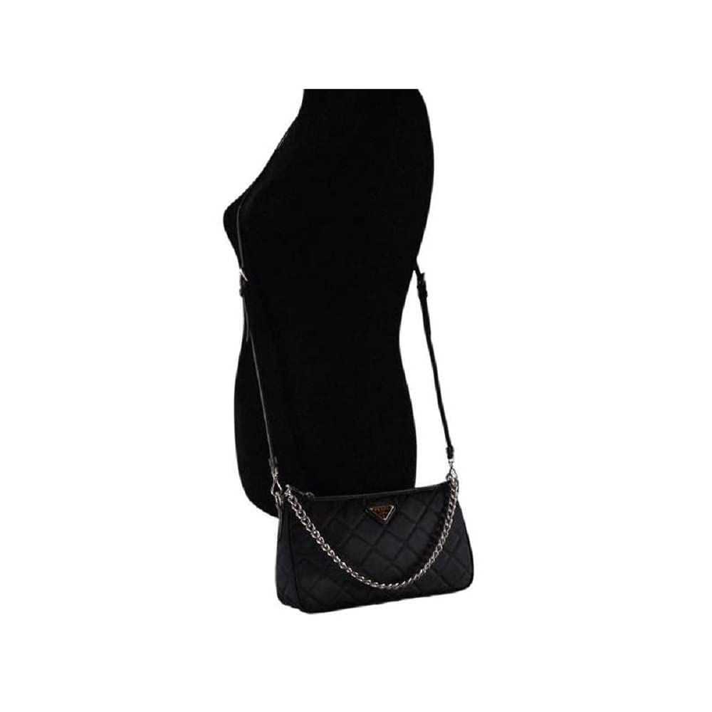 Quilted Nylon Chain Crossbody Bag with Adjustable Strap, Black