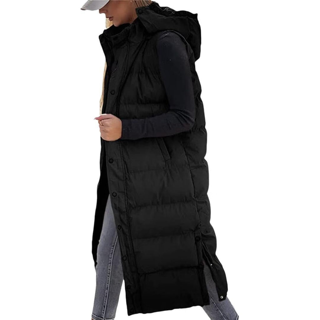 Women's Hooded Quilted Long Puffer Vest, Sleeveless Button Down Jacket