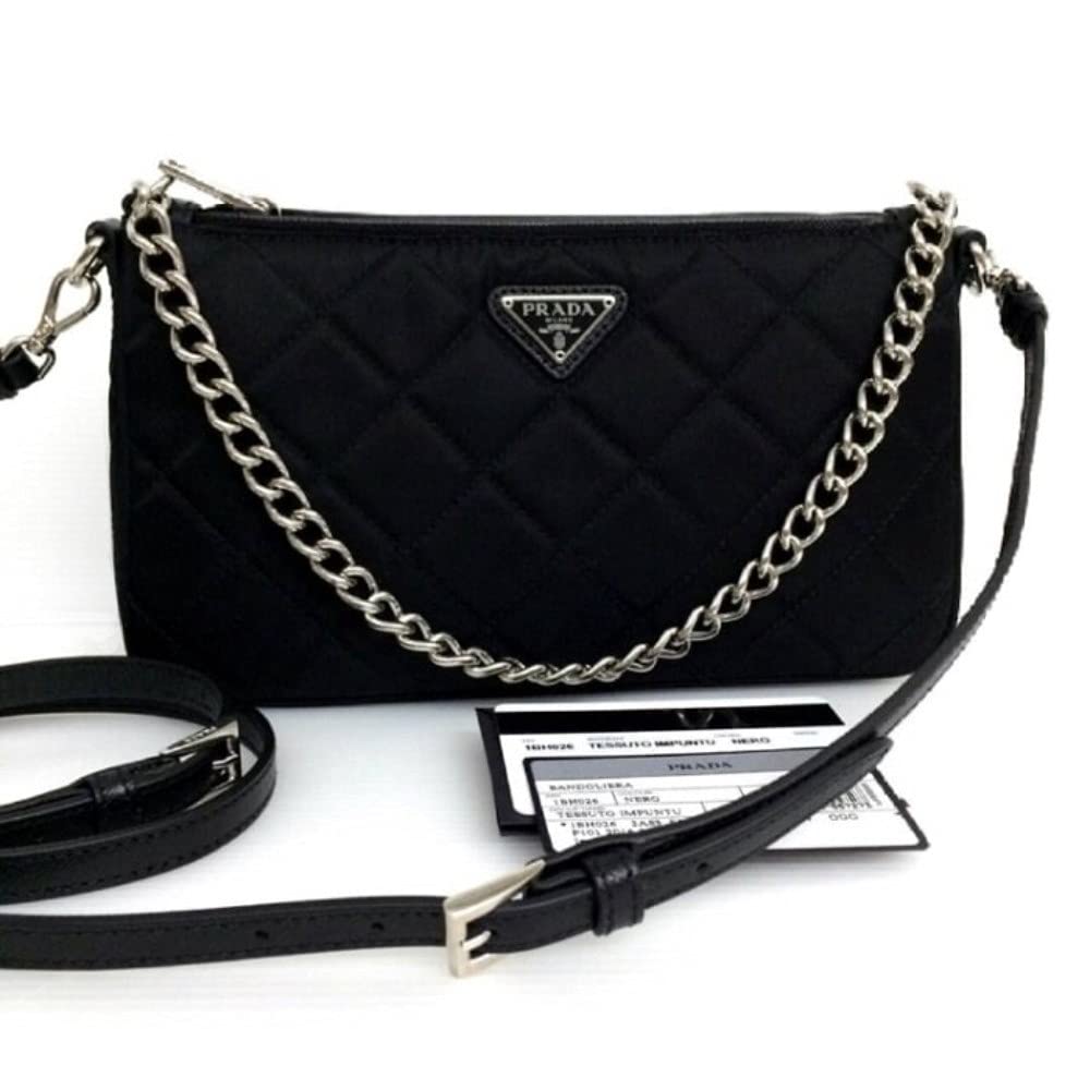 Quilted Nylon Chain Crossbody Bag with Adjustable Strap, Black