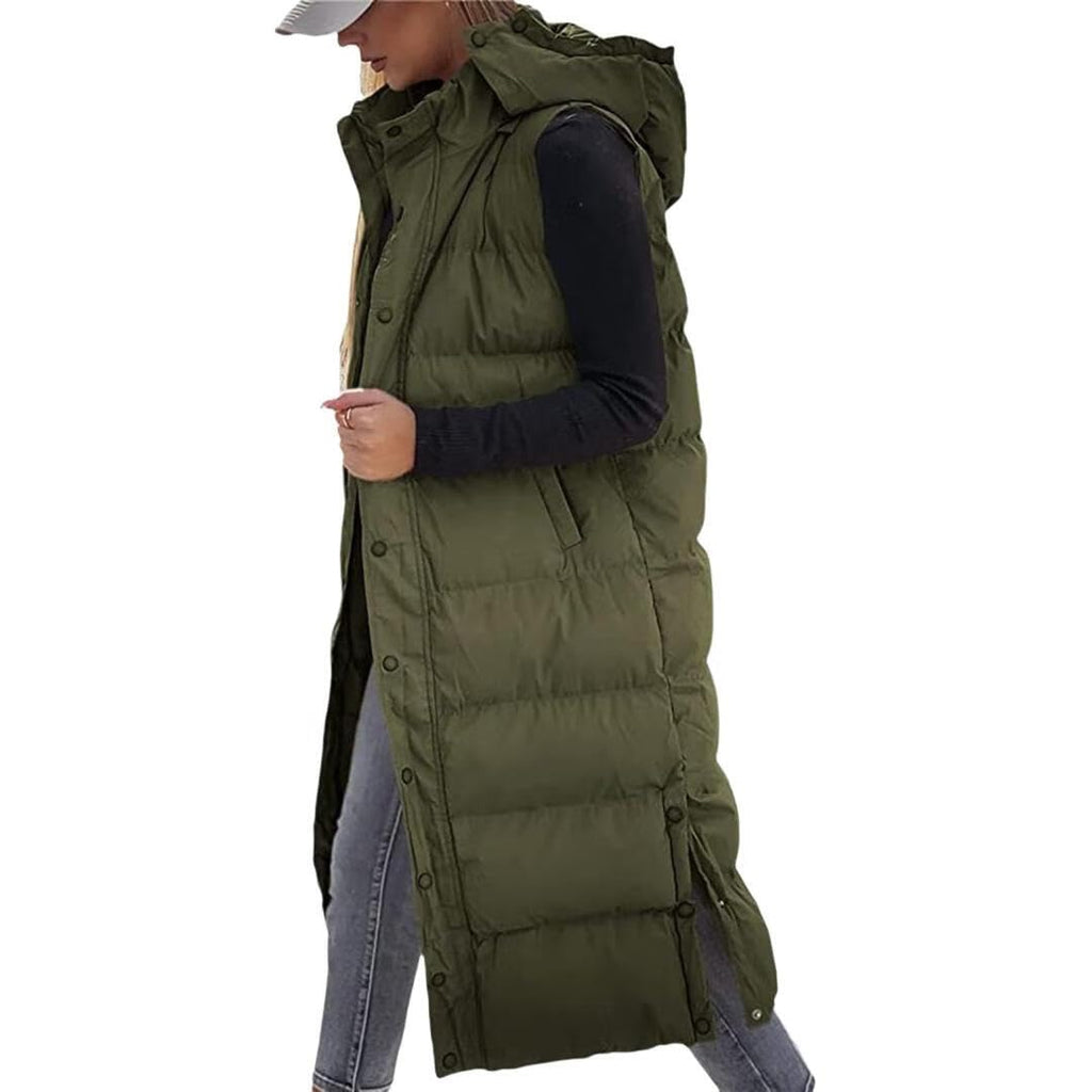 Women's Hooded Quilted Long Puffer Vest, Sleeveless Button Down Jacket