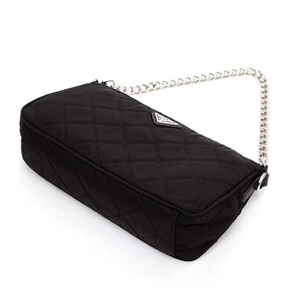 Quilted Nylon Chain Crossbody Bag with Adjustable Strap, Black
