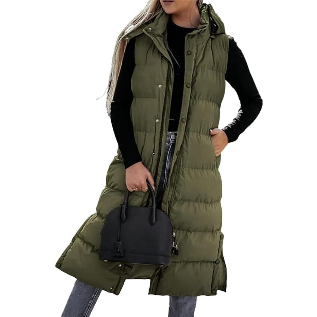 Women's Hooded Quilted Long Puffer Vest, Sleeveless Button Down Jacket