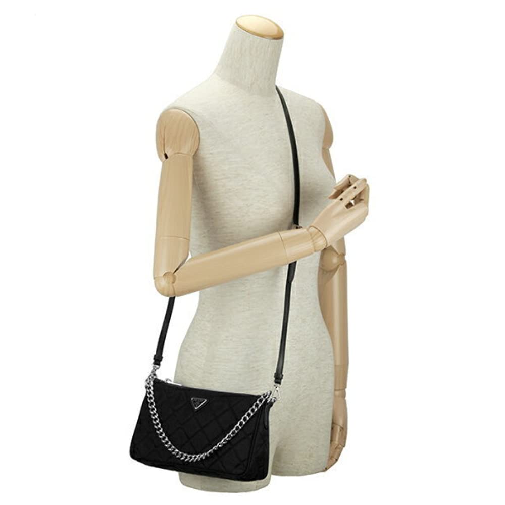 Quilted Nylon Chain Crossbody Bag with Adjustable Strap, Black