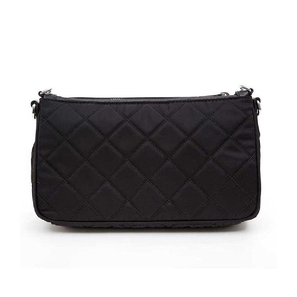 Quilted Nylon Chain Crossbody Bag with Adjustable Strap, Black