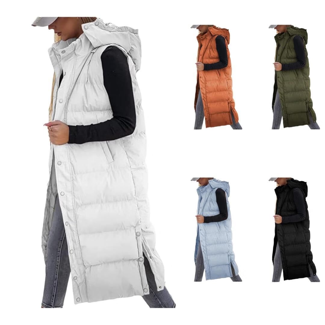 Women's Hooded Quilted Long Puffer Vest, Sleeveless Button Down Jacket