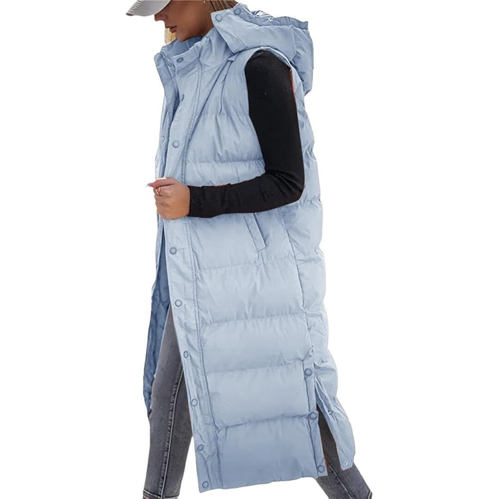 Women's Hooded Quilted Long Puffer Vest, Sleeveless Button Down Jacket