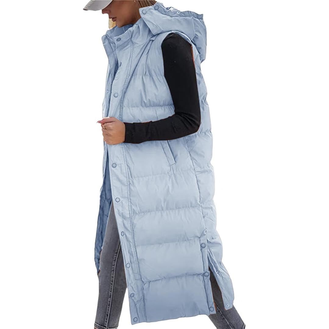 Women's Hooded Quilted Long Puffer Vest, Sleeveless Button Down Jacket