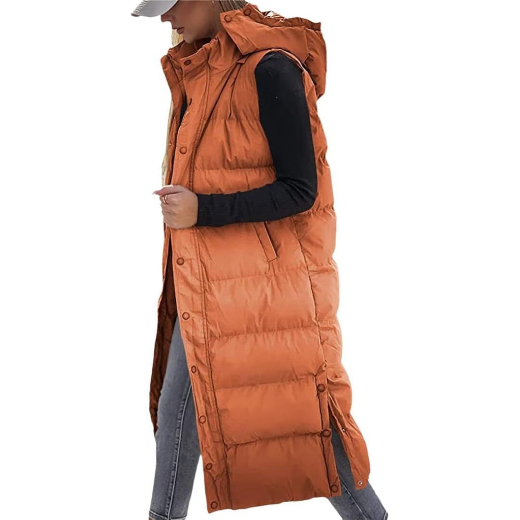 Women's Hooded Quilted Long Puffer Vest, Sleeveless Button Down Jacket