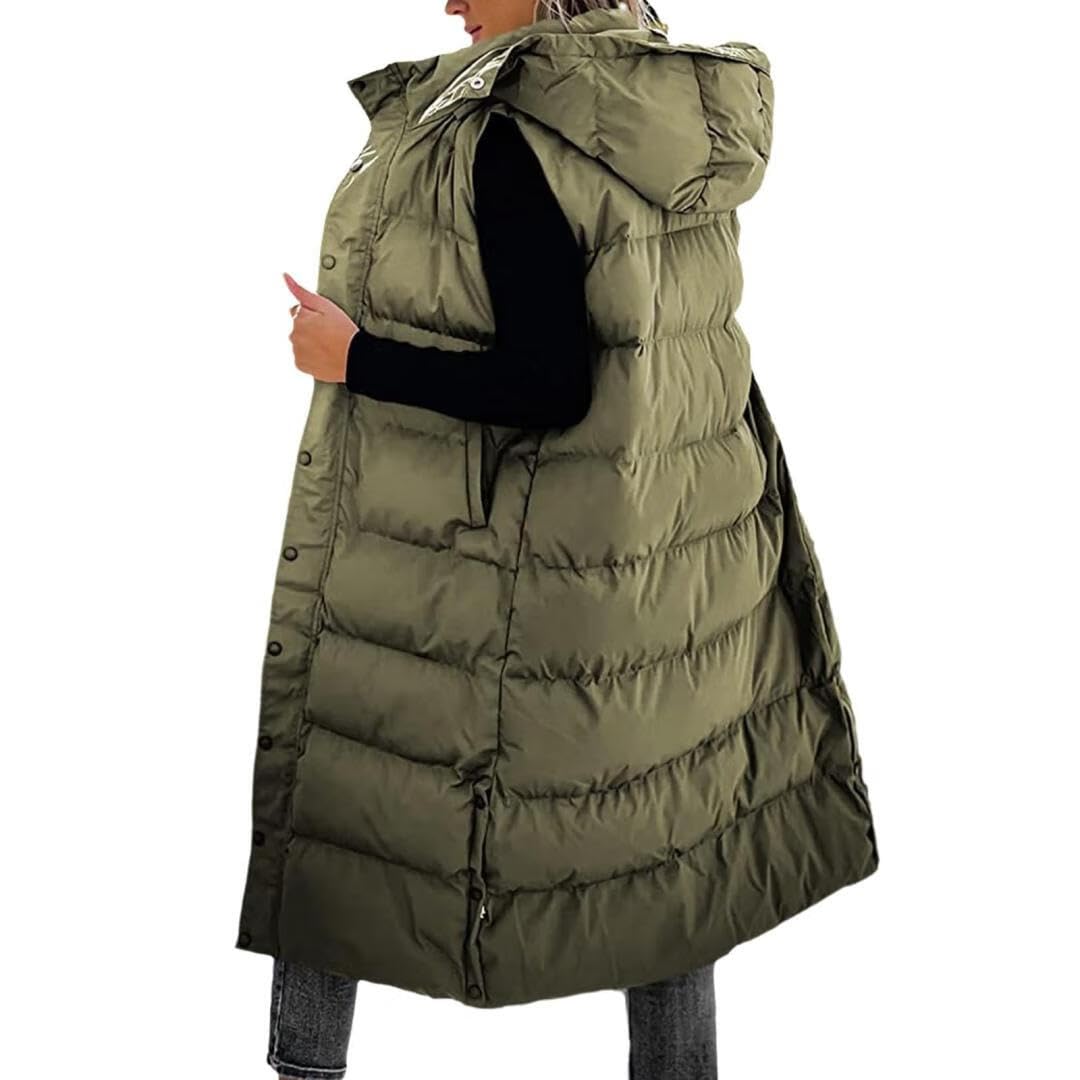 Women's Hooded Quilted Long Puffer Vest, Sleeveless Button Down Jacket