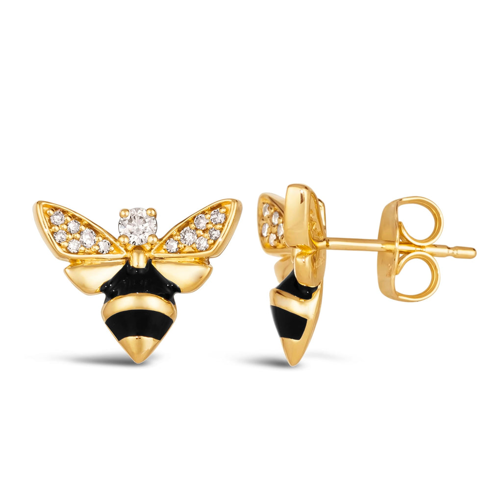 Diamond Honey Bee Stud Earrings, 14K Yellow Gold