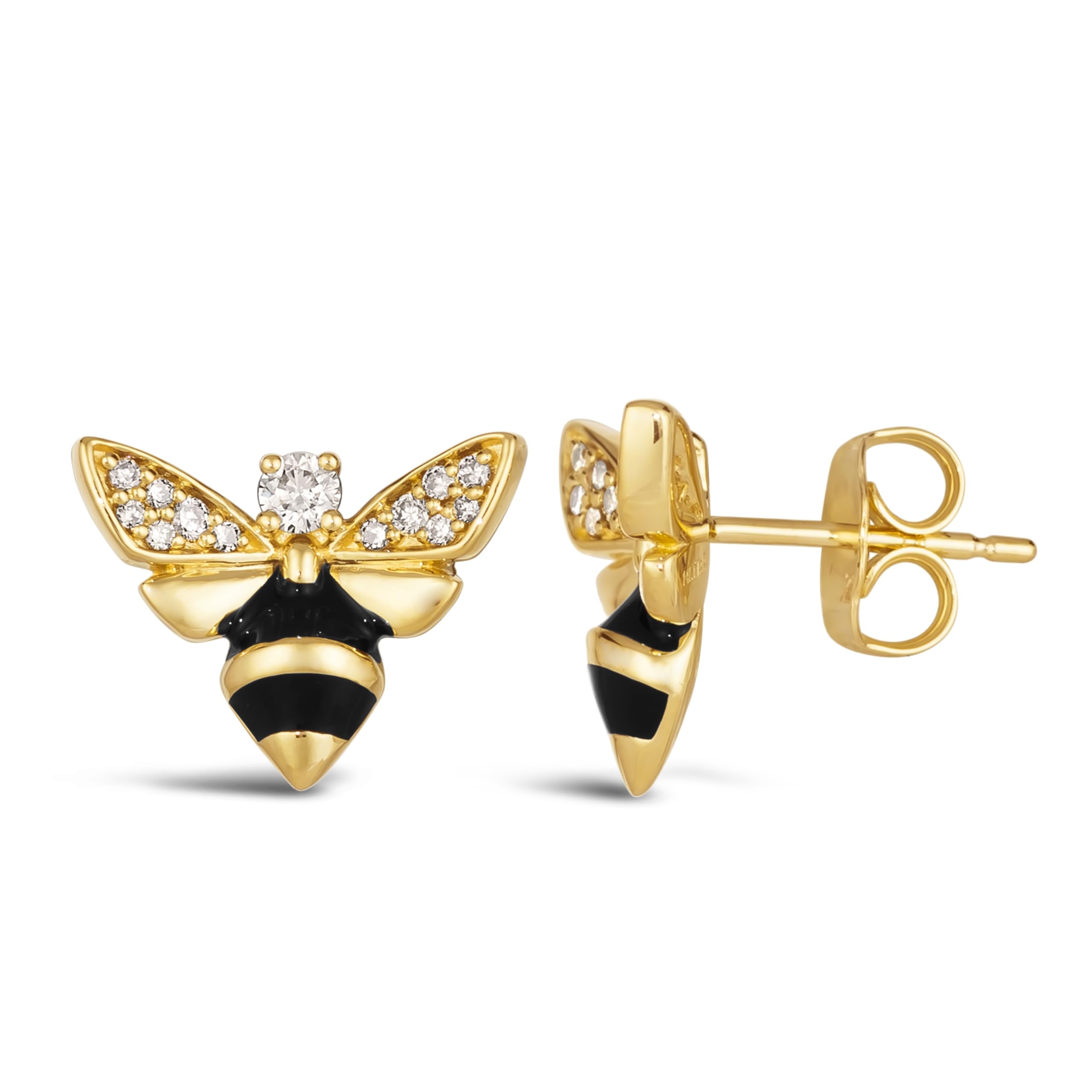 Diamond Honey Bee Stud Earrings, 14K Yellow Gold