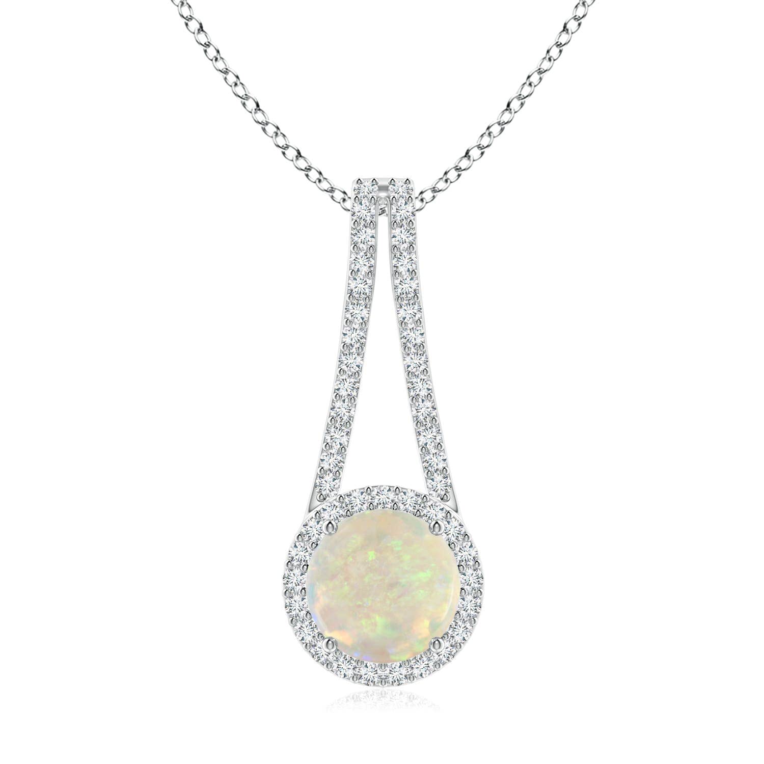 Natural Opal Halo Pendant Necklace with Diamond, 14K Gold or Platinum