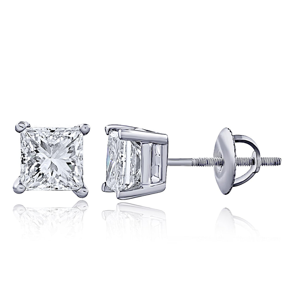 Certified Lab Grown Princess Cut Diamond Stud Earrings, Screw Back