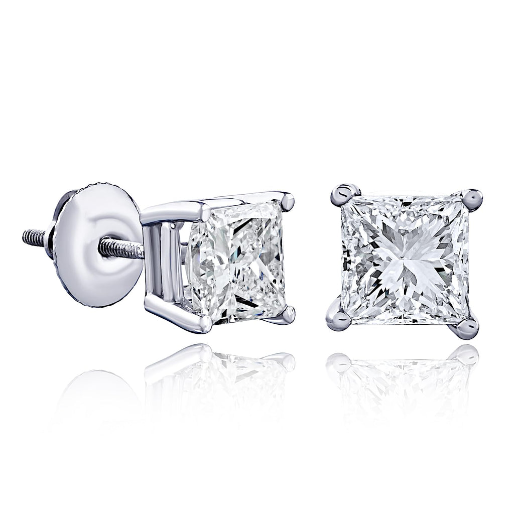 Certified Lab Grown Princess Cut Diamond Stud Earrings, Screw Back