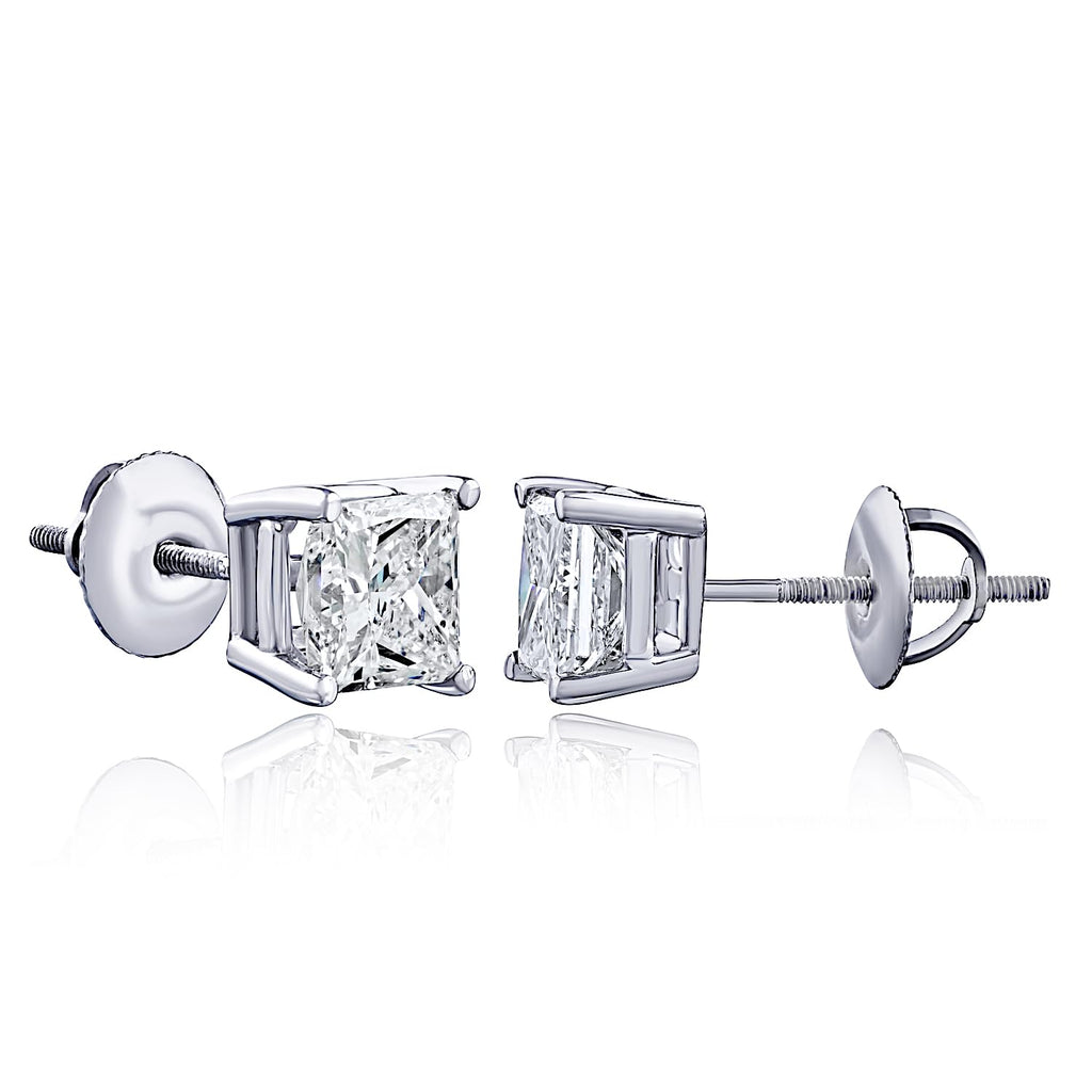 Certified Lab Grown Princess Cut Diamond Stud Earrings, Screw Back