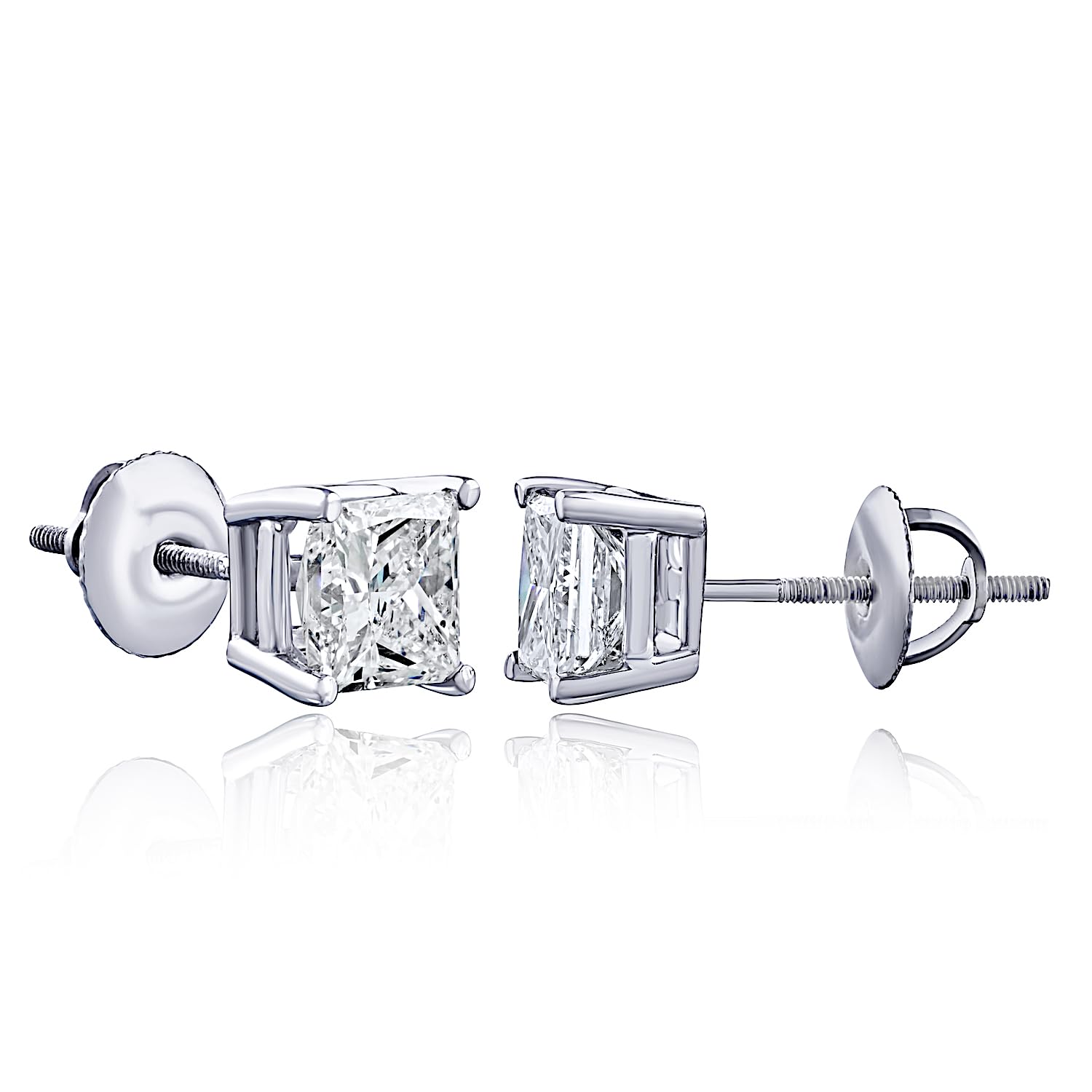 Certified Lab Grown Princess Cut Diamond Stud Earrings, Screw Back