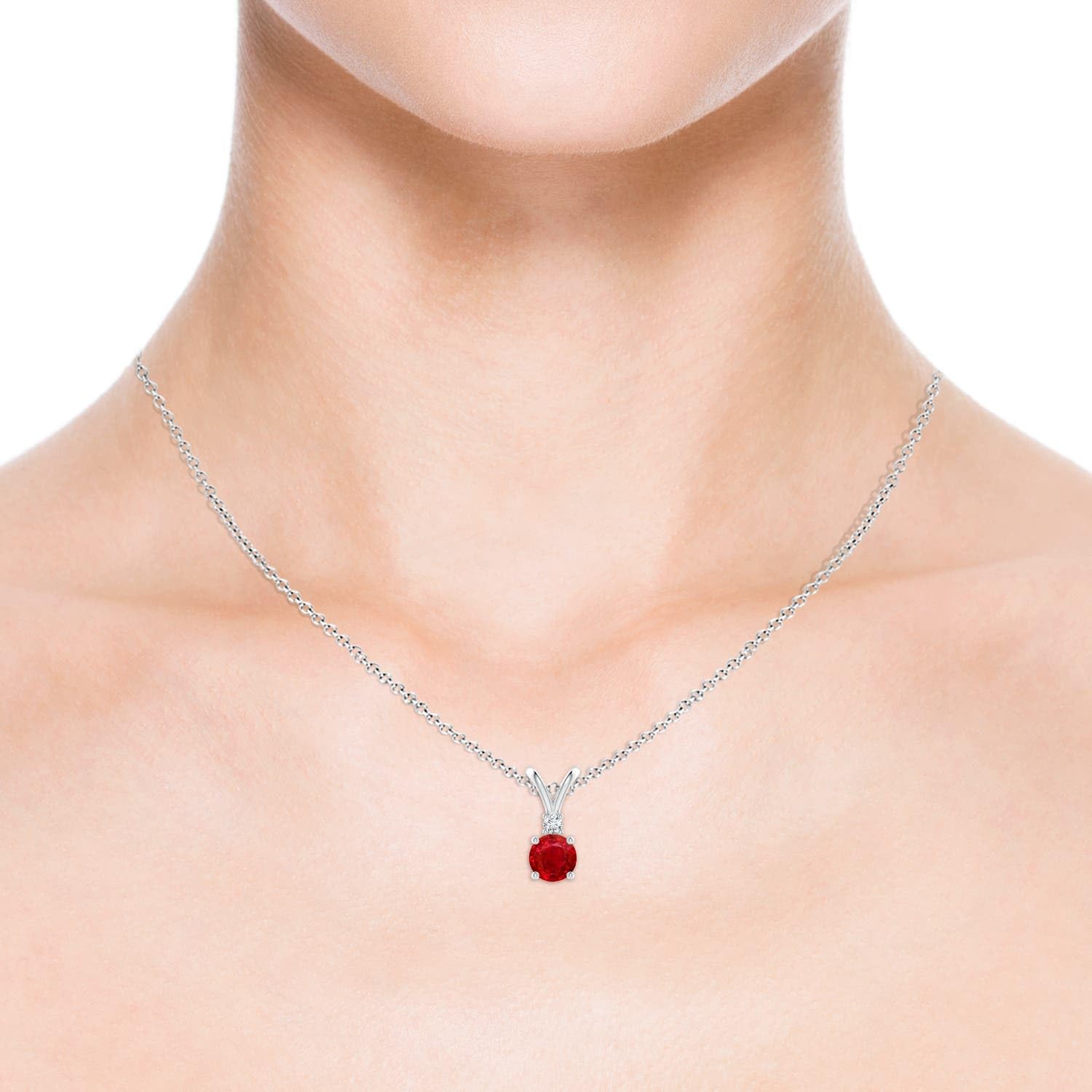 Round Ruby Solitaire Pendant Necklace with Diamond, Sterling Silver