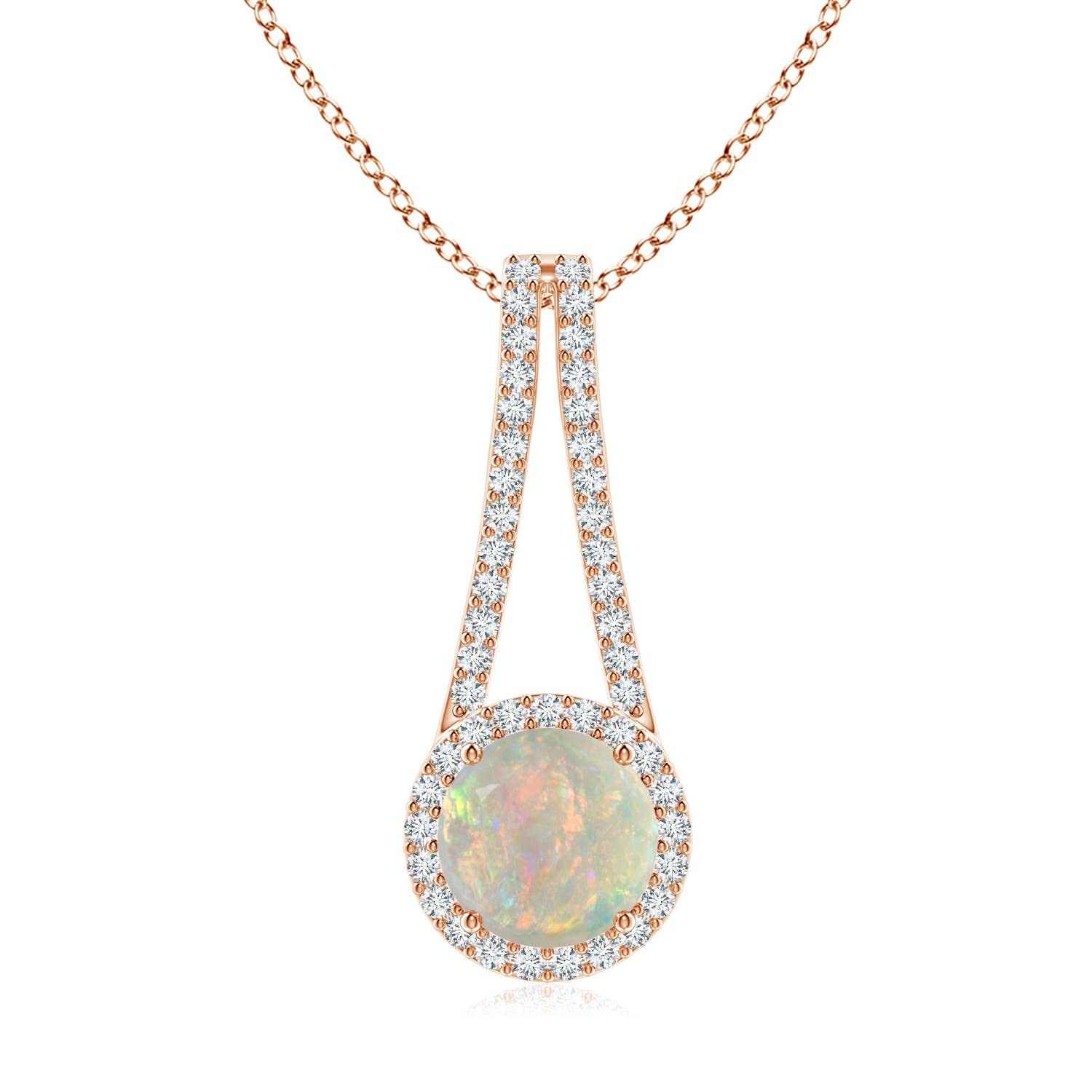 Natural Opal Halo Pendant Necklace with Diamond, 14K Gold or Platinum