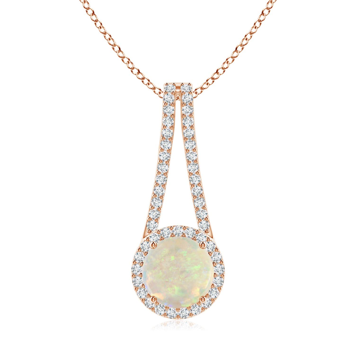 Natural Opal Halo Pendant Necklace with Diamond, 14K Gold or Platinum