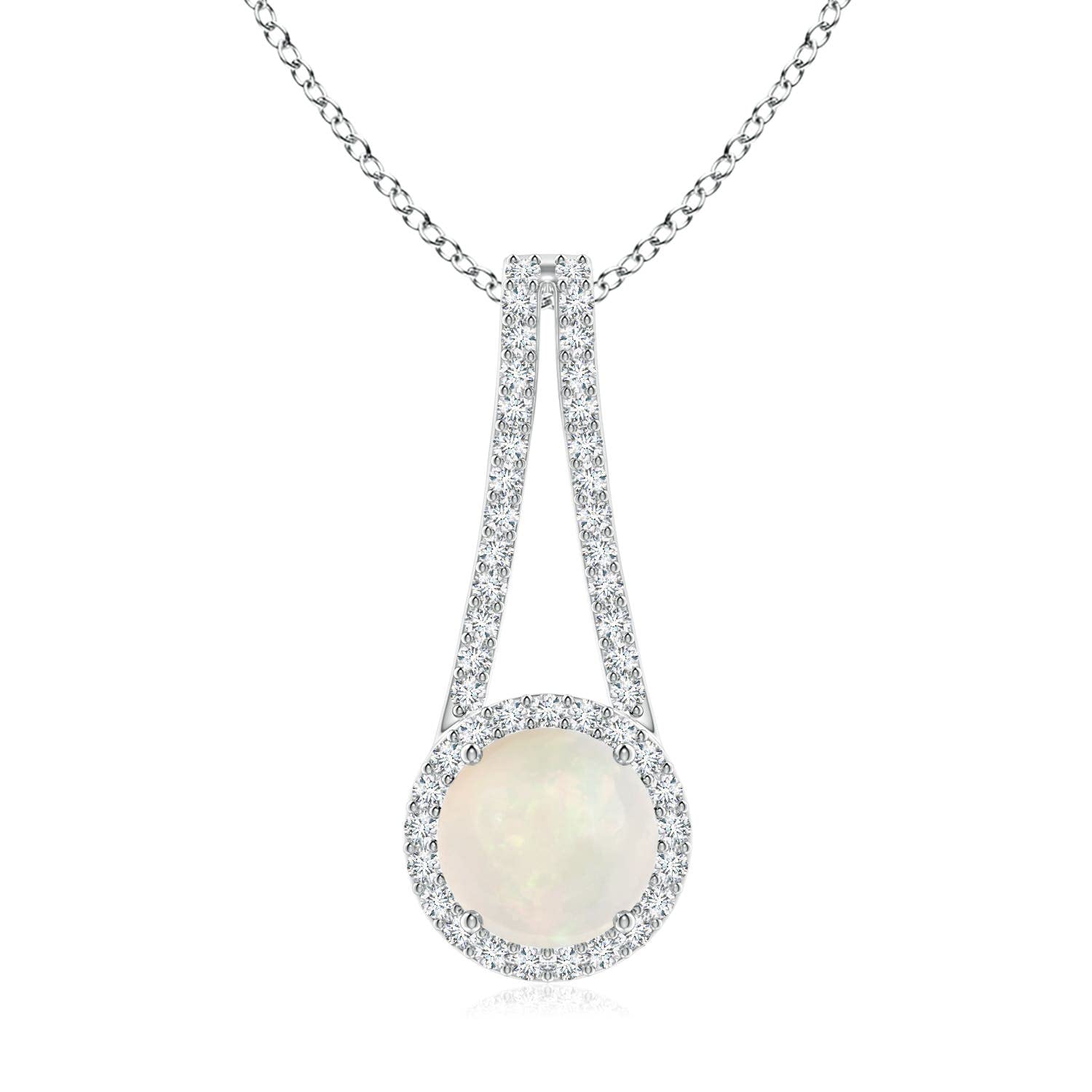 Natural Opal Halo Pendant Necklace with Diamond, 14K Gold or Platinum