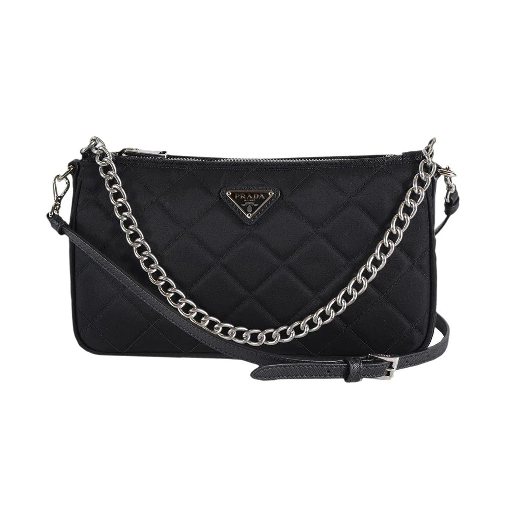Quilted Nylon Chain Crossbody Bag with Adjustable Strap, Black