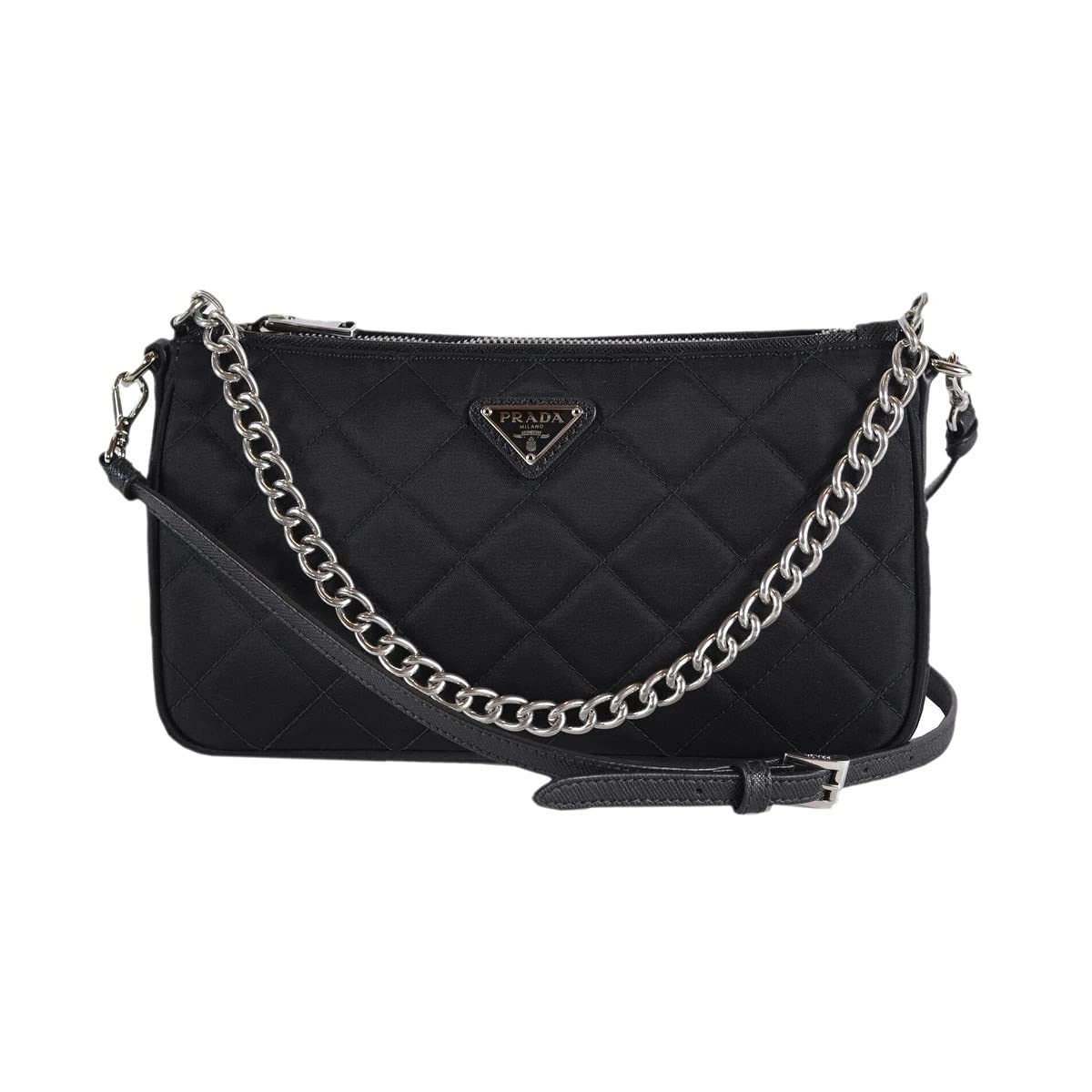 Quilted Nylon Chain Crossbody Bag with Adjustable Strap, Black