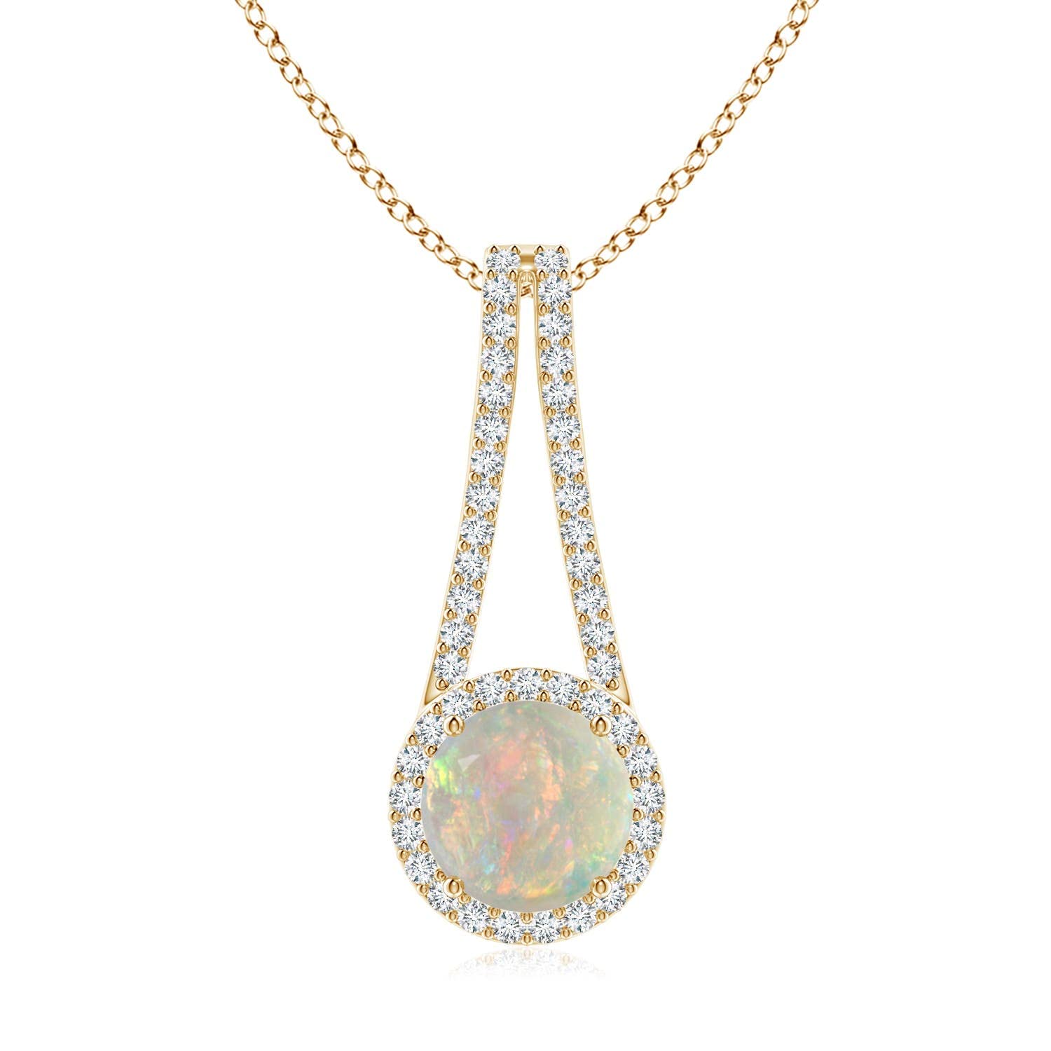Natural Opal Halo Pendant Necklace with Diamond, 14K Gold or Platinum