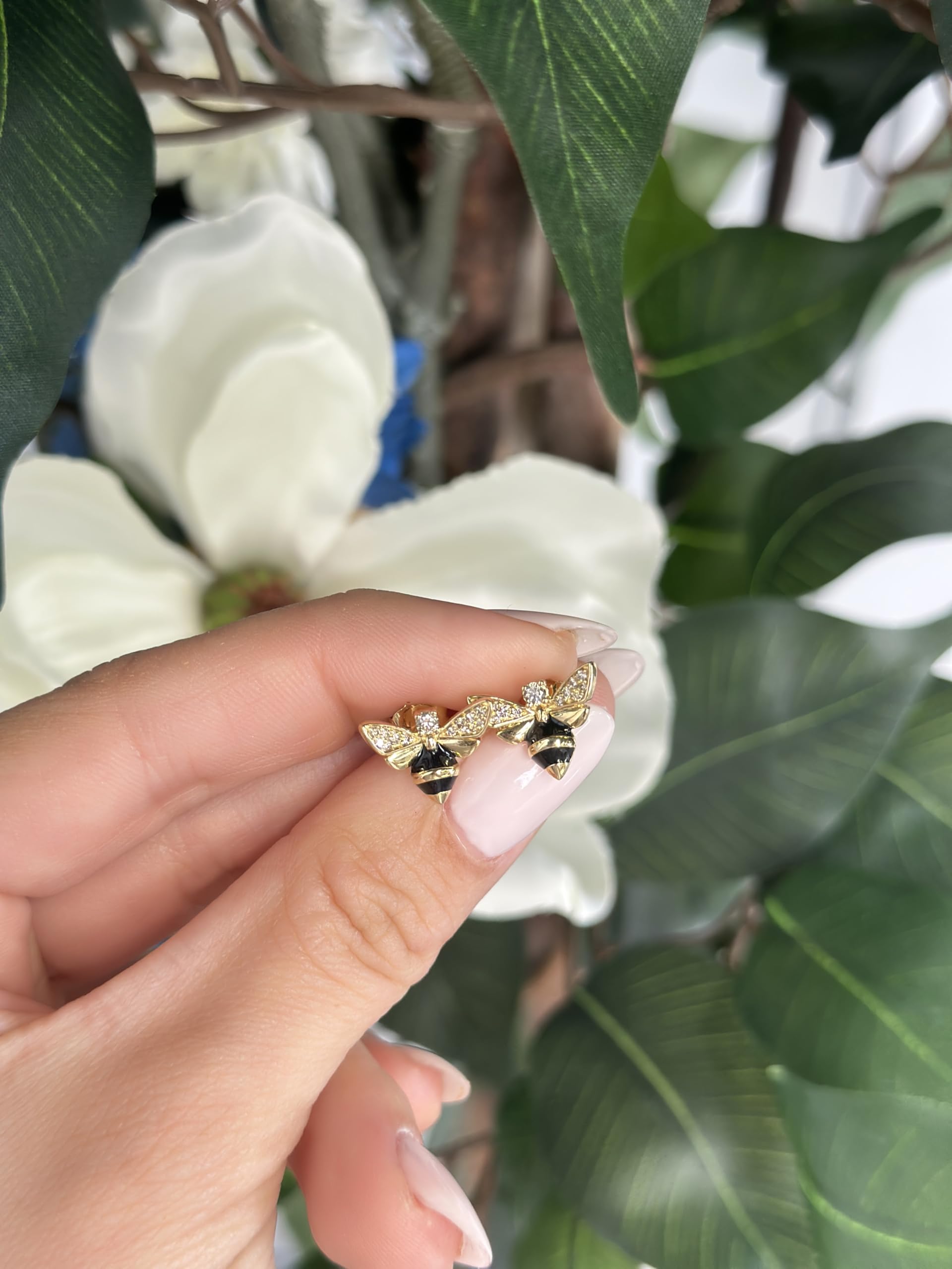 Diamond Honey Bee Stud Earrings, 14K Yellow Gold