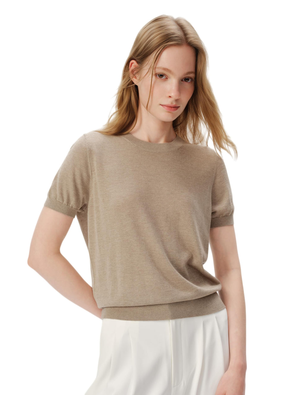 Women's Silk Cashmere Blend Knit Top, Short Sleeve, Camel