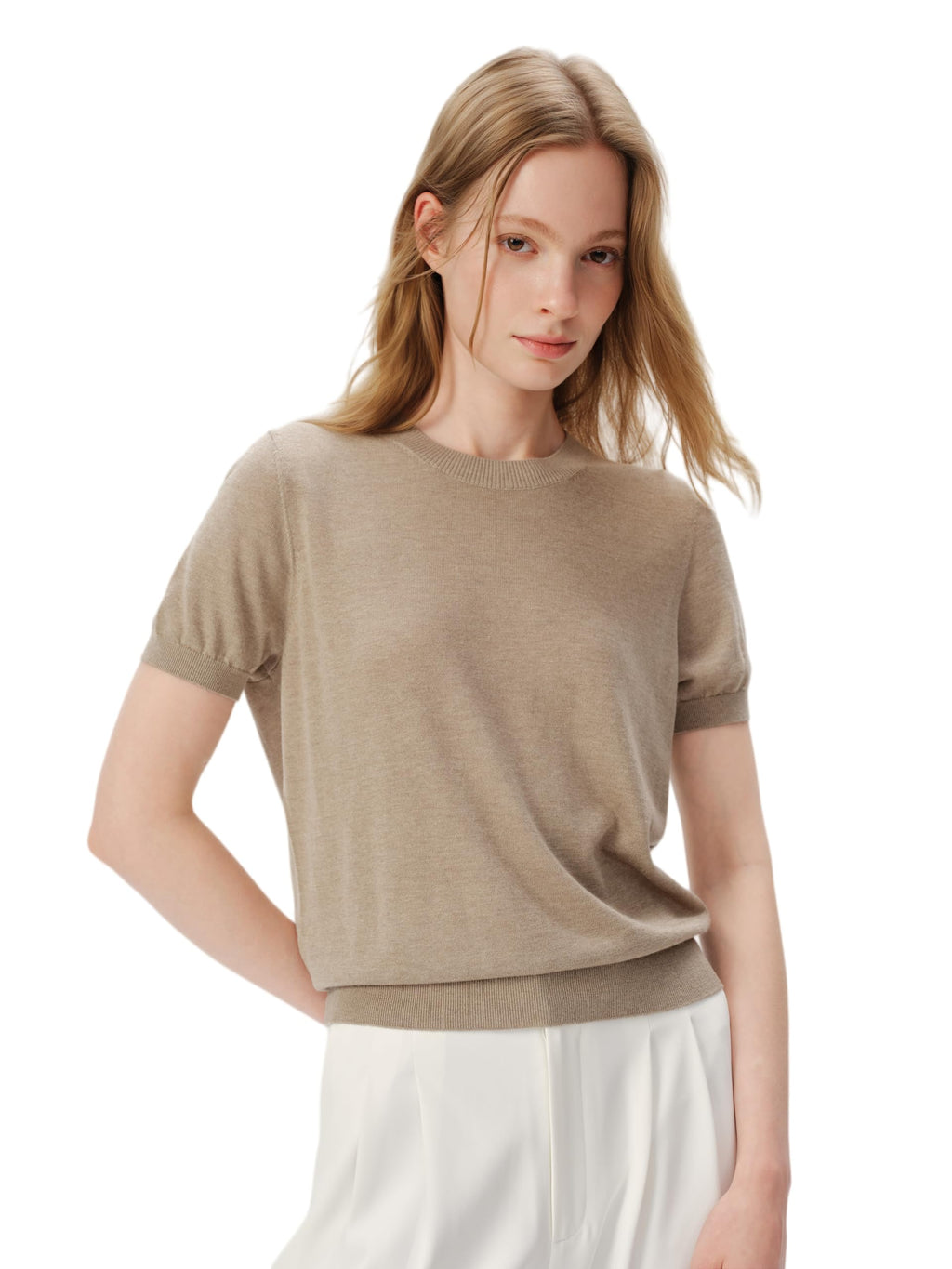 Women's Silk Cashmere Blend Knit Top, Short Sleeve, Camel