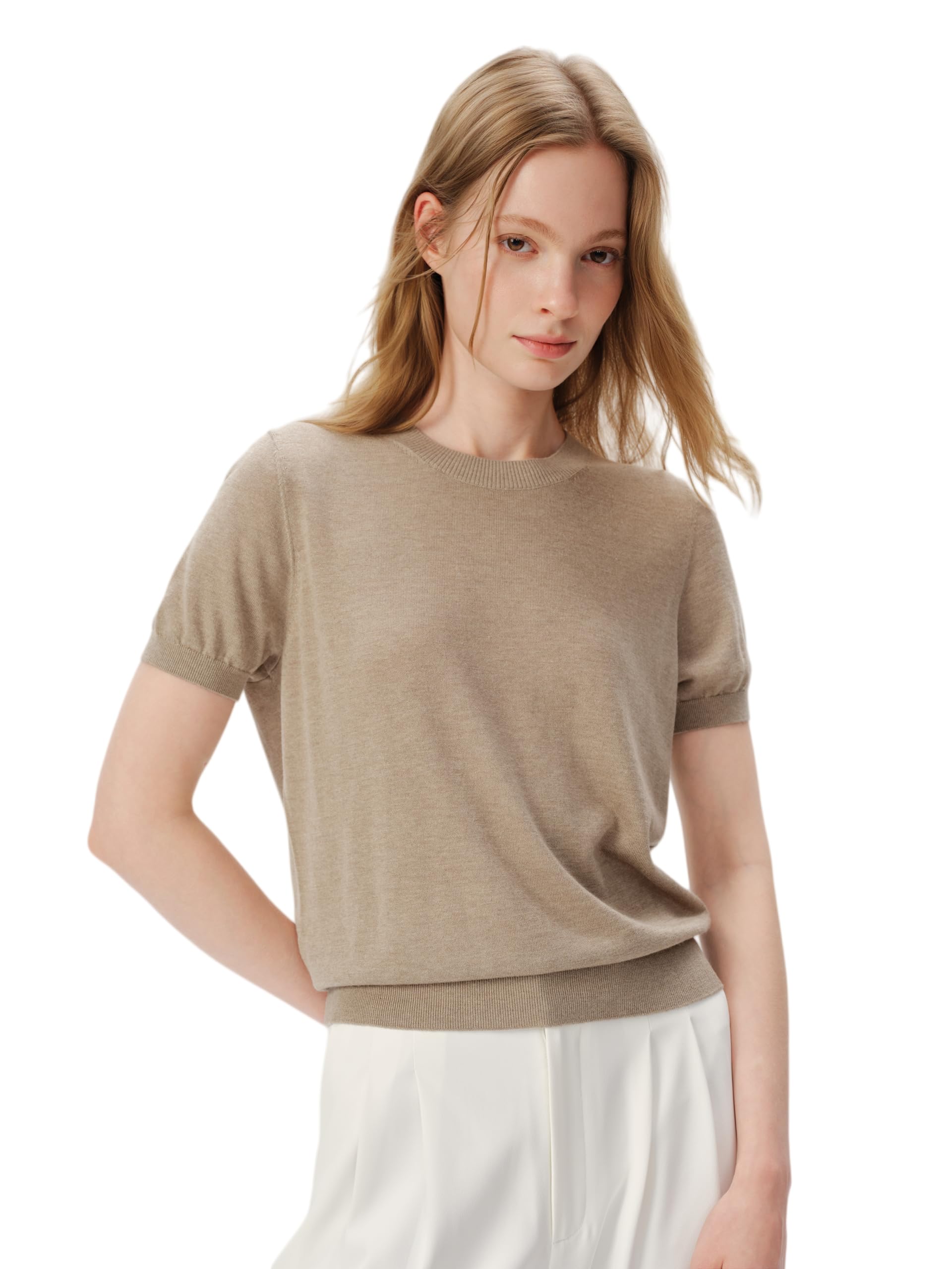 Women's Silk Cashmere Blend Knit Top, Short Sleeve, Camel