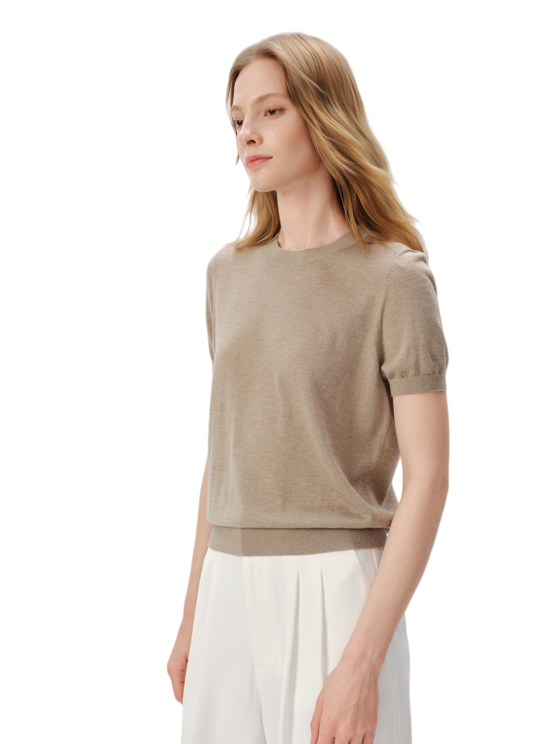 Women's Silk Cashmere Blend Knit Top, Short Sleeve, Camel