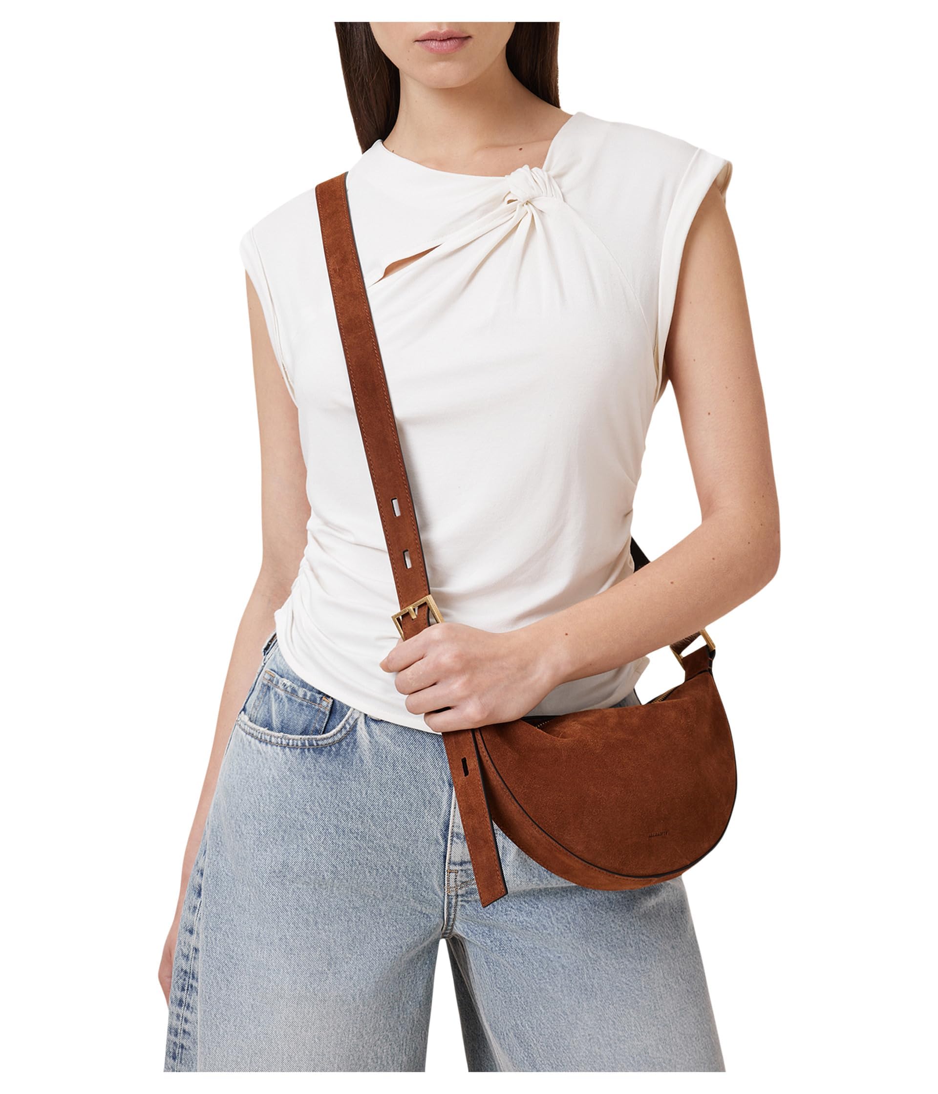 AllSaints Women's Handbag Halfmoon Suede Xbody Cognac Brown