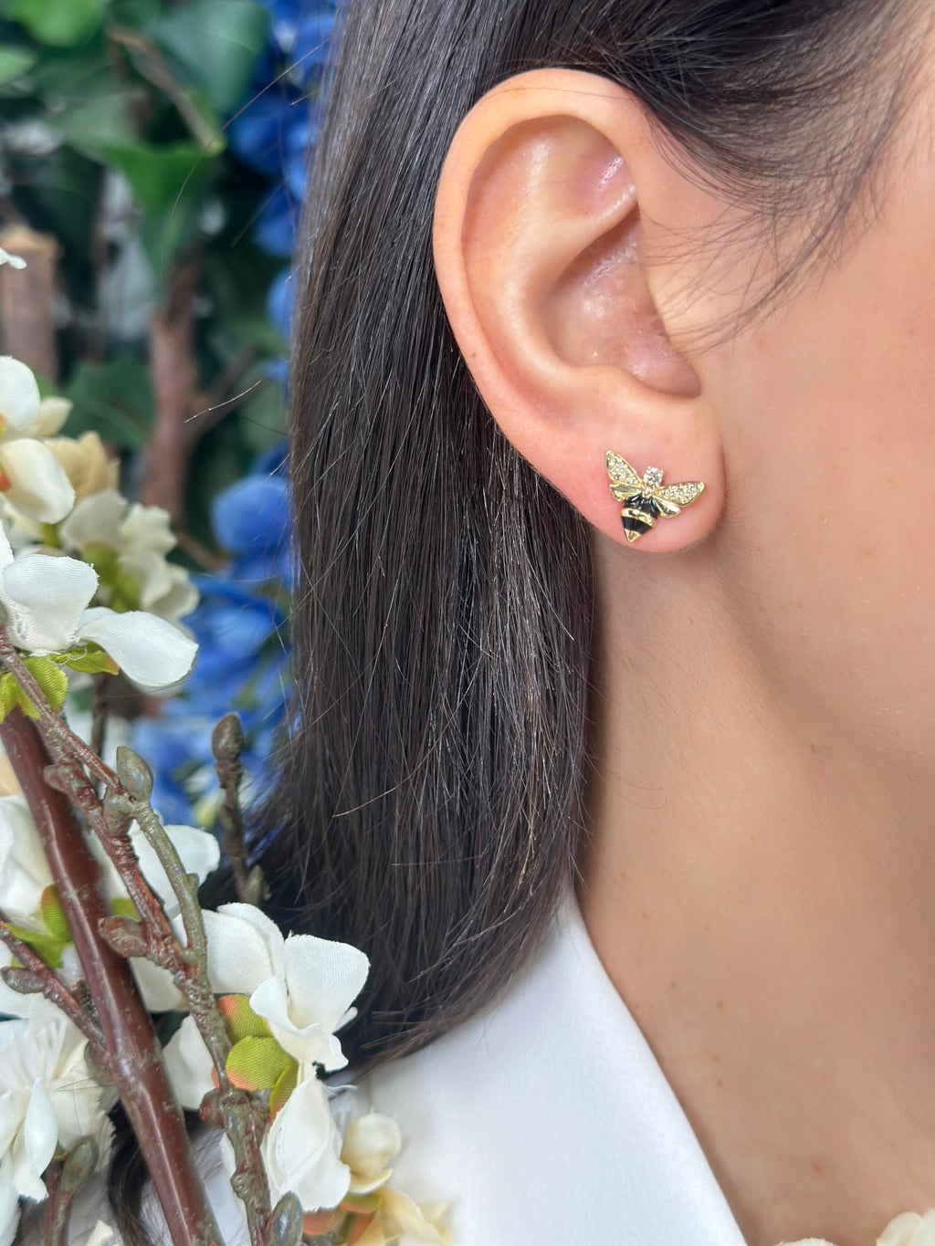 Diamond Honey Bee Stud Earrings, 14K Yellow Gold