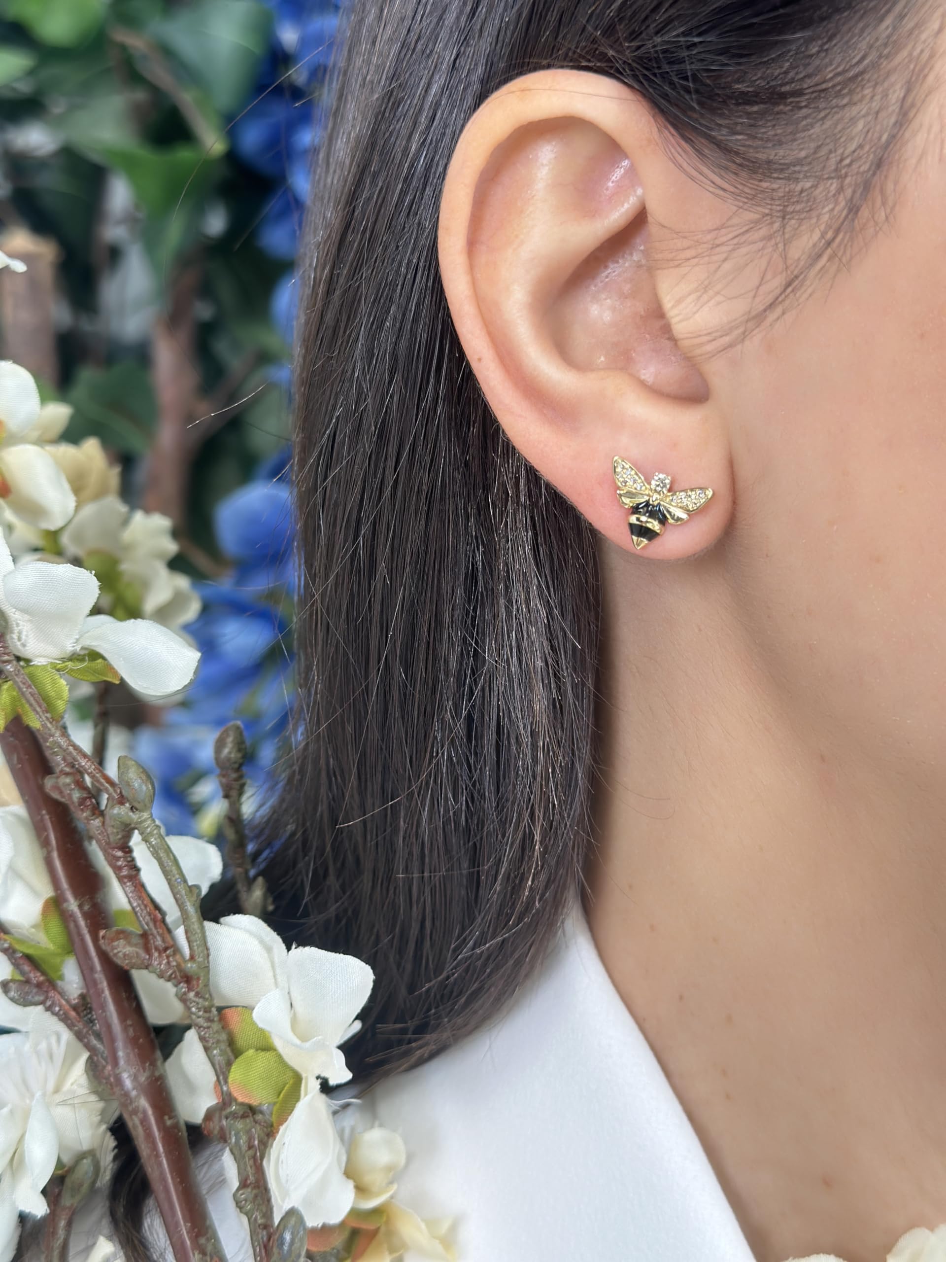 Diamond Honey Bee Stud Earrings, 14K Yellow Gold