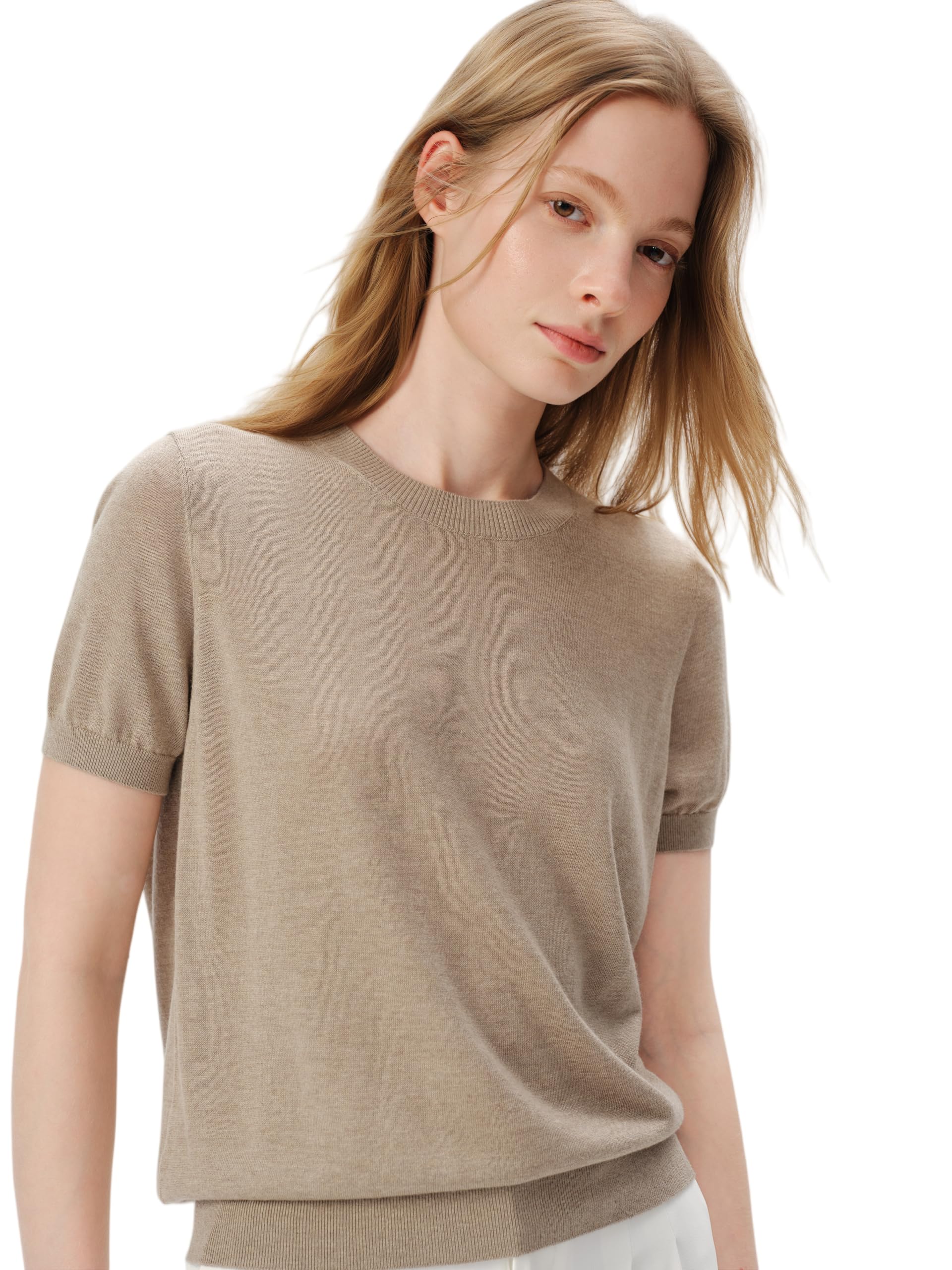Women's Silk Cashmere Blend Knit Top, Short Sleeve, Camel