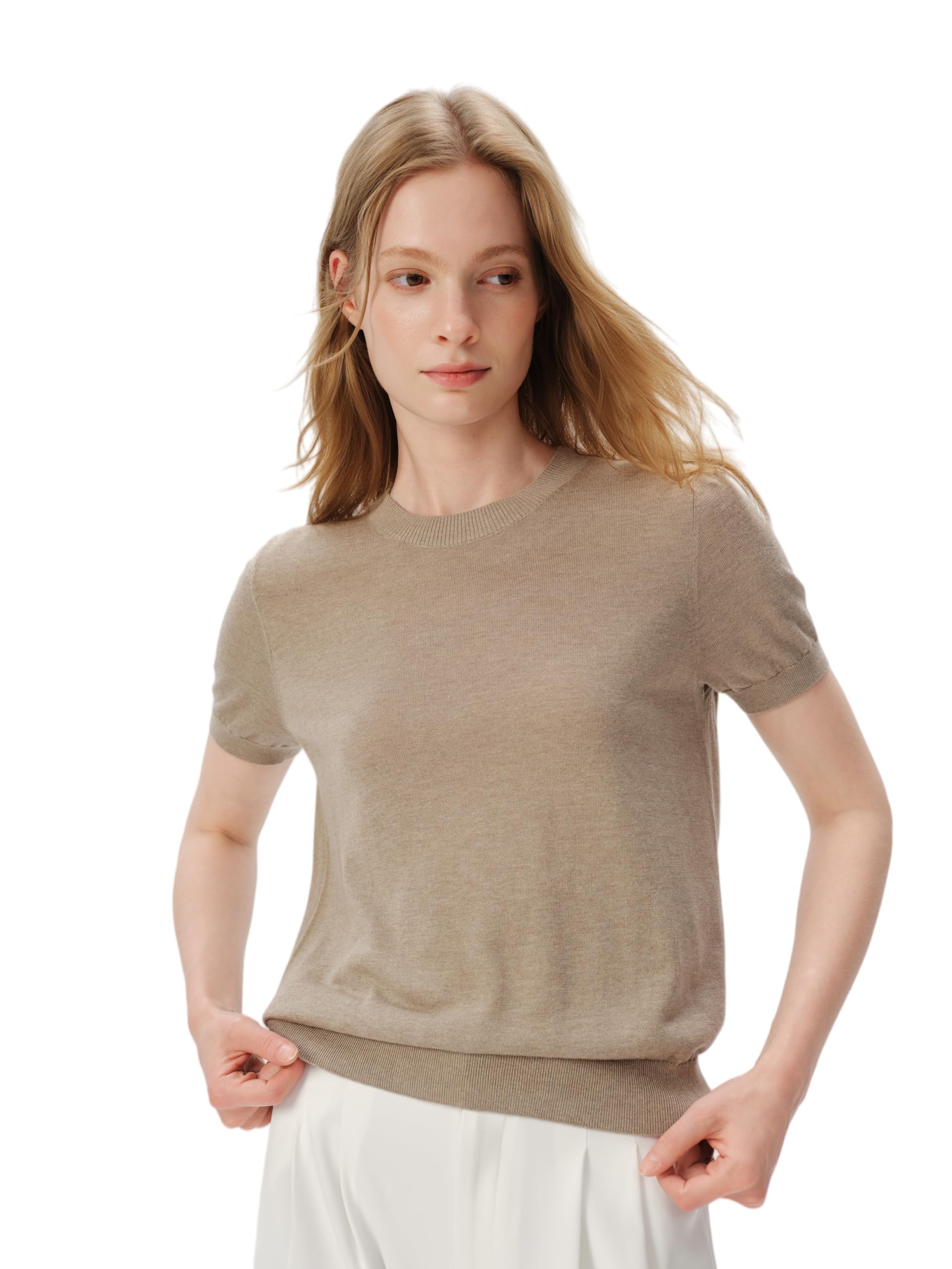 Women's Silk Cashmere Blend Knit Top, Short Sleeve, Camel